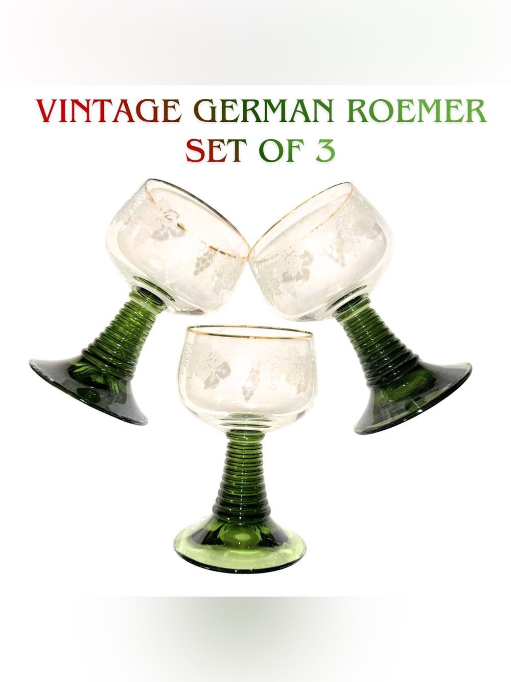 Vintage German Roemer Wine Glasses Set 3 Green Beehive Stem